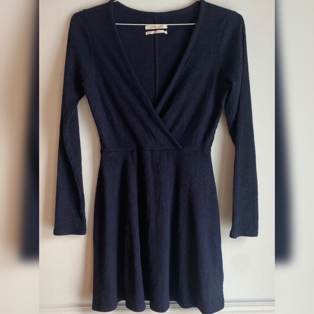 Urban Outfitters Knit Deep V-Neck Long Sleeve Navy Blue Mini Dress